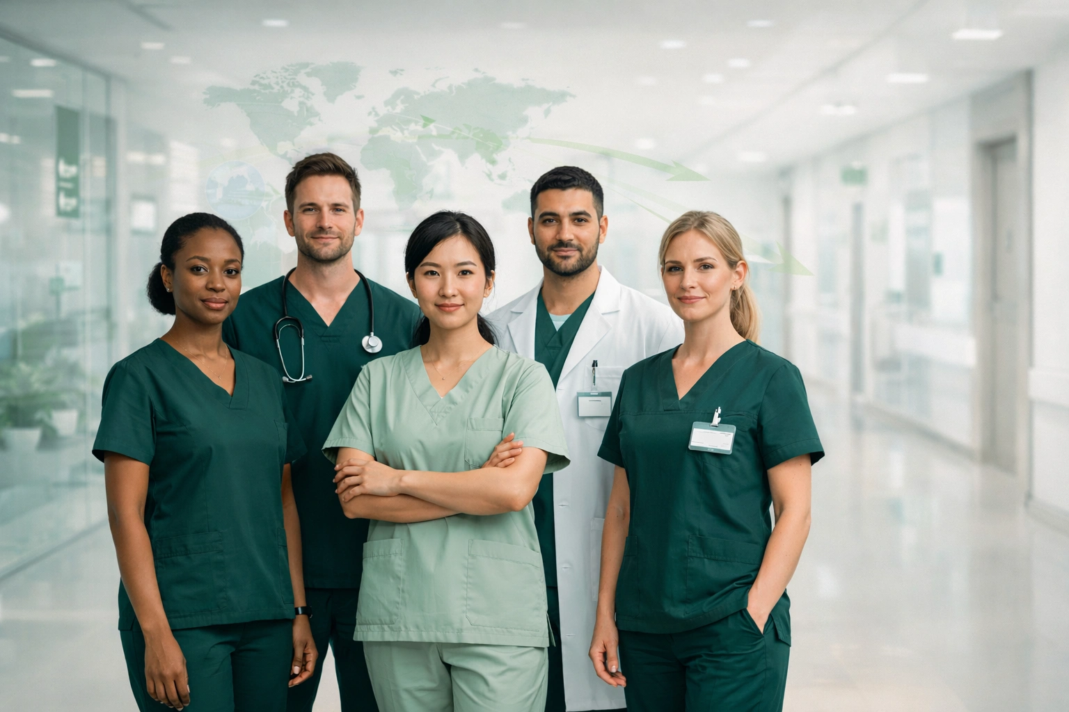 Diverse internationale Pflegekräfte und medizinisches Fachpersonal stehen selbstbewusst in einem modernen Krankenhaus und symbolisieren nachhaltige Rekrutierung von Pflegekräften aus dem Ausland für den deutschen Gesundheitsmarkt.