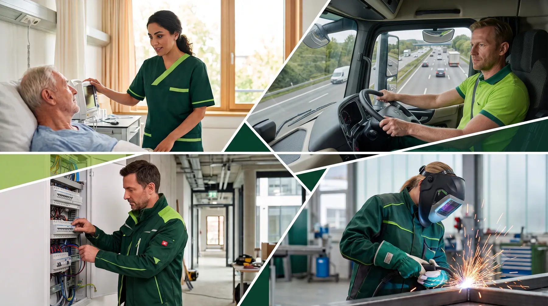 Vier osteuropäische Fachkräfte bei der Arbeit: eine Pflegekraft, ein Lkw-Fahrer, ein Elektriker und eine Lüftungstechnikerin