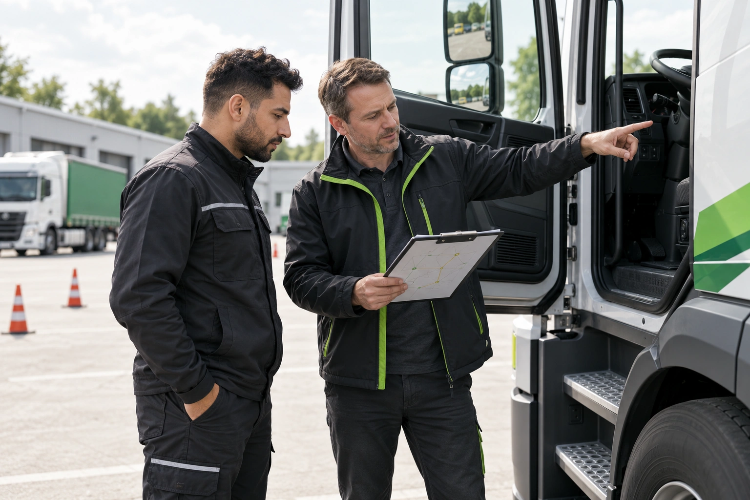 Internationaler Berufskraftfahrer bei der praktischen Qualifizierung am LKW