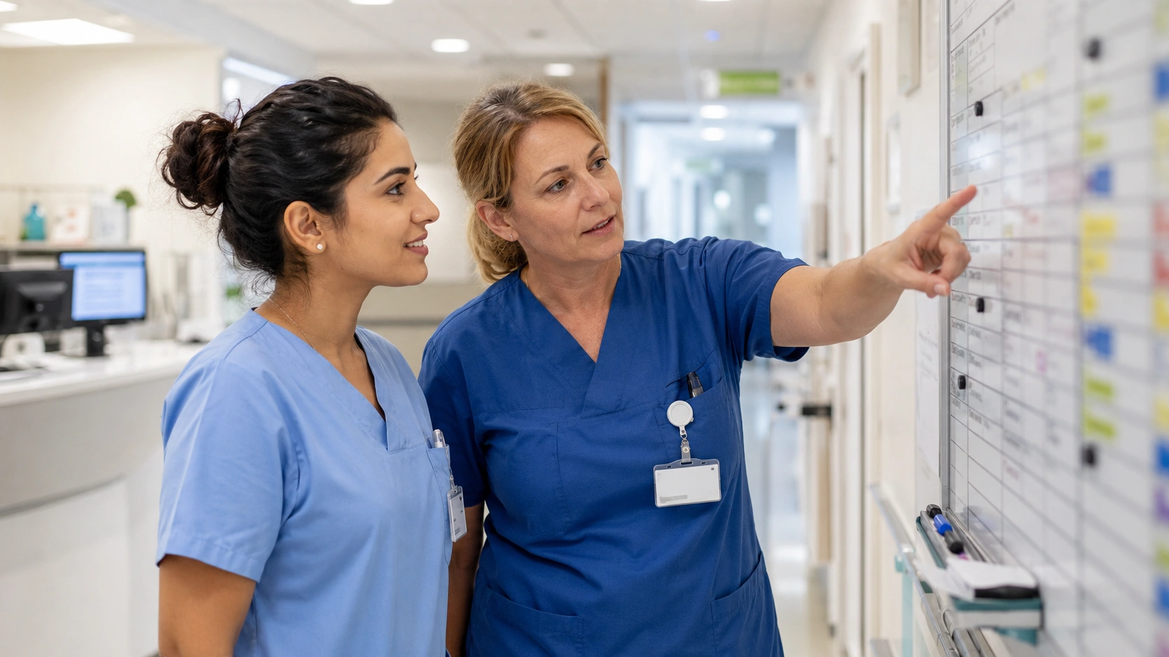 Experienced German nurse showing a new international colleague the ward layout