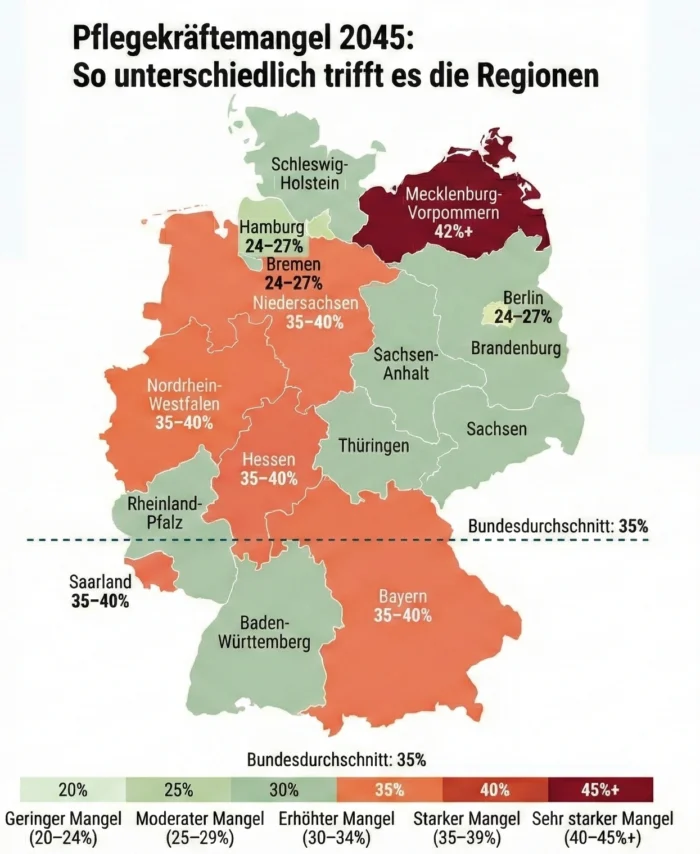 Deutschlandkarte mit regionaler Prognose des Pflegekräftemangels bis 2045 — Mecklenburg-Vorpommern mit 42 Prozent am stärksten betroffen, Stadtstaaten unter dem Bundesdurchschnitt