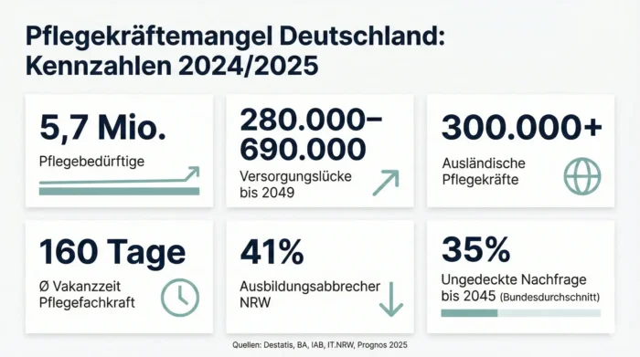 Infografik mit sechs Kennzahlen zum Pflegekräftemangel in Deutschland — 5,7 Millionen Pflegebedürftige, bis zu 690.000 fehlende Fachkräfte bis 2049, 160 Tage durchschnittliche Vakanzzeit