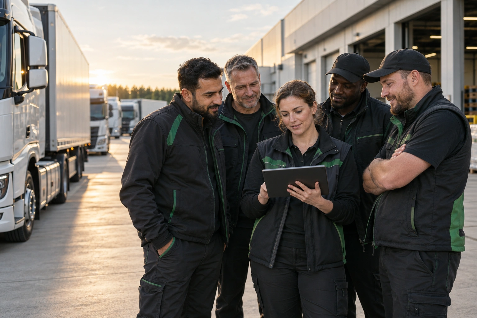 Internationale LKW-Fahrer und Disponentin bei der gemeinsamen Tourenplanung