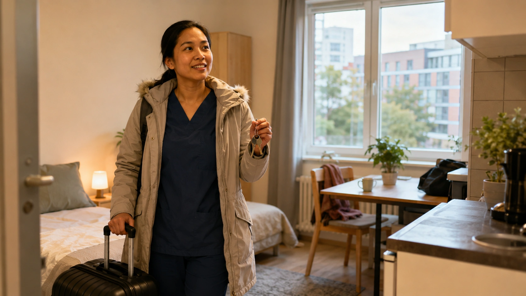 International nurse arriving at a small furnished apartment near a German hospital