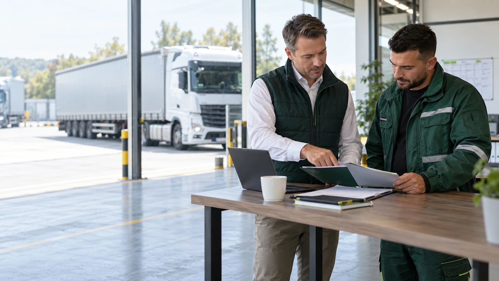 Disponent und Lkw-Fahrer besprechen Unterlagen in einem Logistikbetrieb mit Lastwagen im Hintergrund
